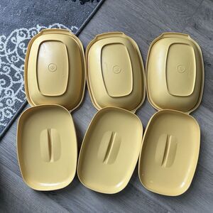 3 Vintage Tupperware Harvest Gold Microwave Steamer Casserole Dish 12x8 w/ Lids